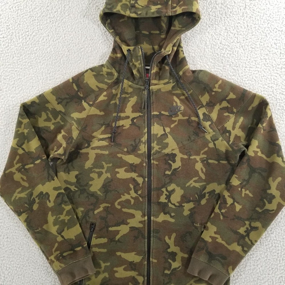 Nike Hoodie Mens Small Green Camo Tech Fleece Windrunner Sweatshirt Full Zip